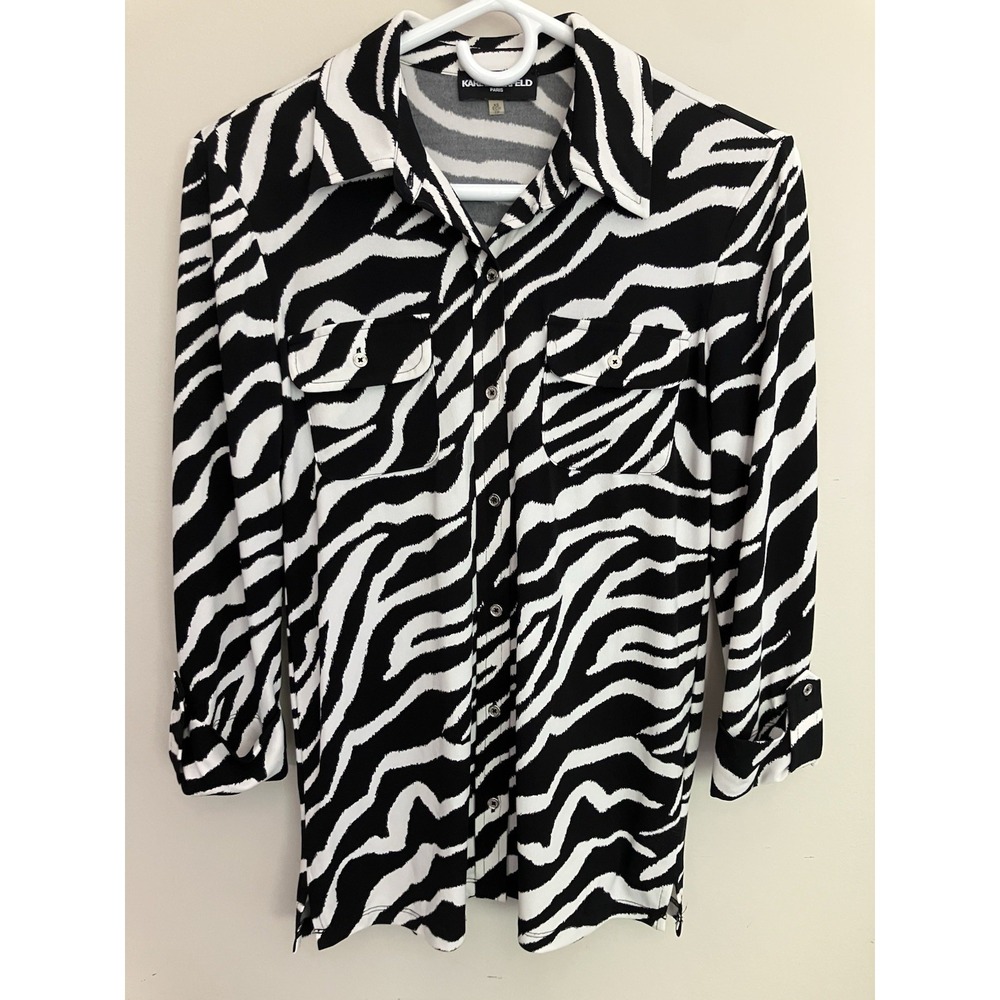 Karl Lagerfeld Paris Zebra Print Button Front Blouse Top Women's XS Black White